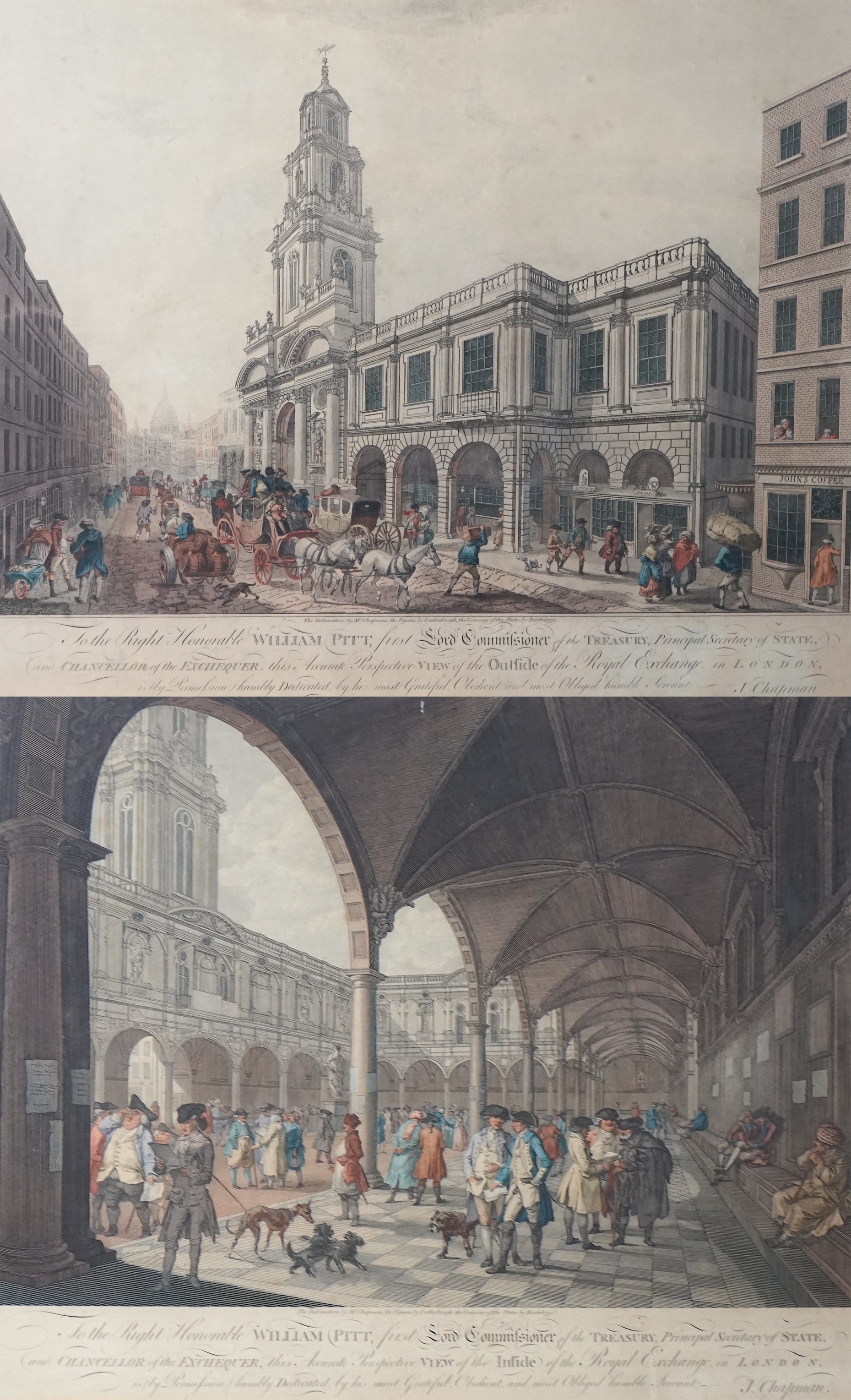 Bartolozzi after J. Chapman and Lutherburgh, An accurate perspective view of the outside of the Royal Exchange in London, and View of the inside of the Royal Exchange in London, coloured engravings, a pair, overall 44 x